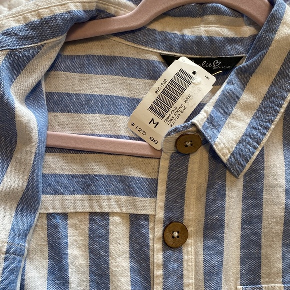 Charlie B linen blend striped jacket blue/ white NWT Sz Med see pic for material - Picture 3 of 9